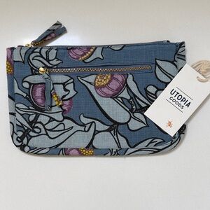 Floral Blue Utopia Goods Canvas/Linen Wristlet Clutch
